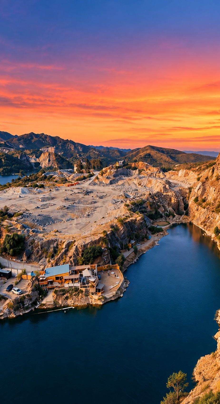 Vista aérea de Laguna Azul, sus formaciones rocosas y la orilla al atardecer